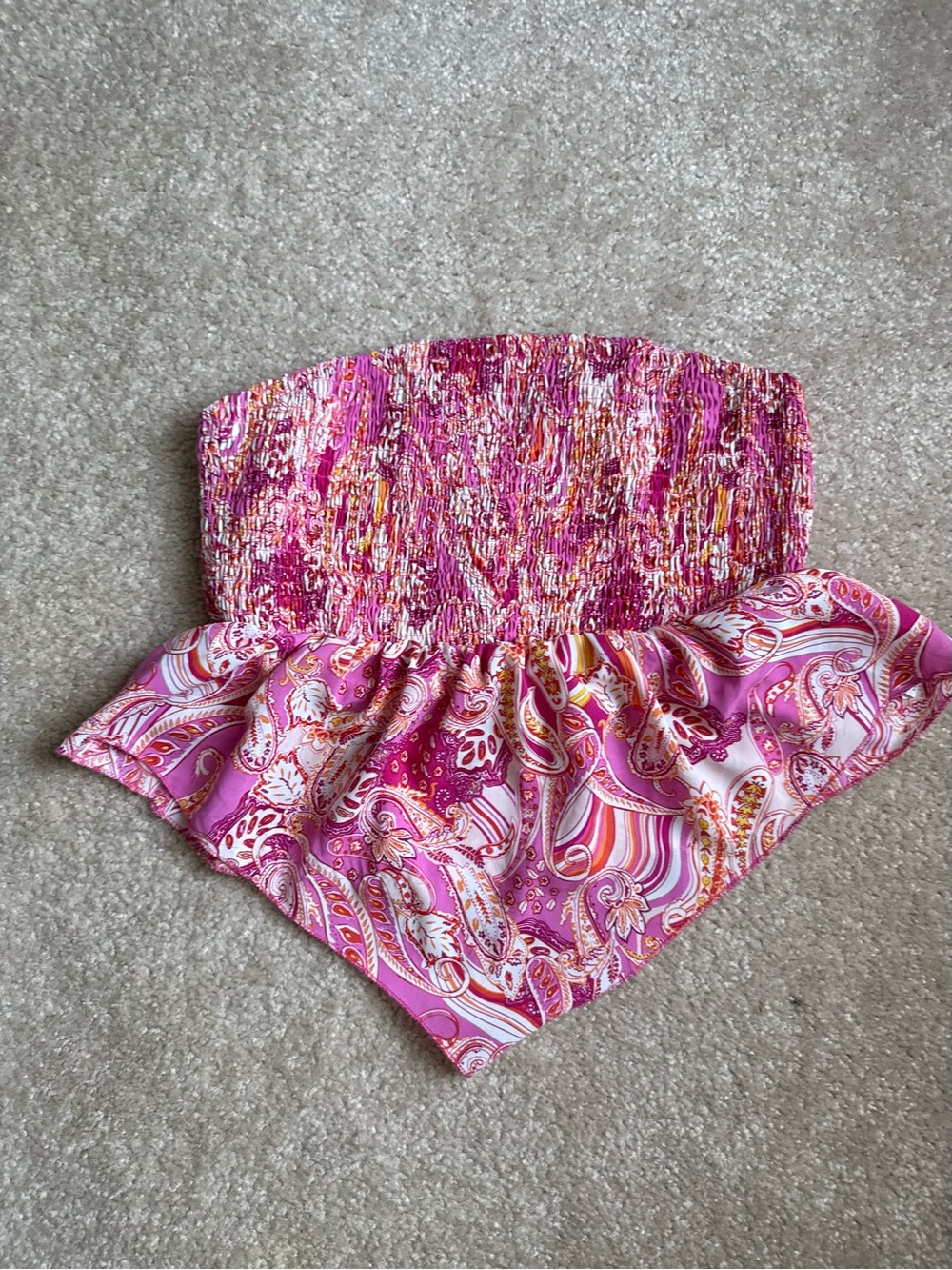 SHEIN Pink Paisley Smocked Hankerchief Hem Strapless Tube Top